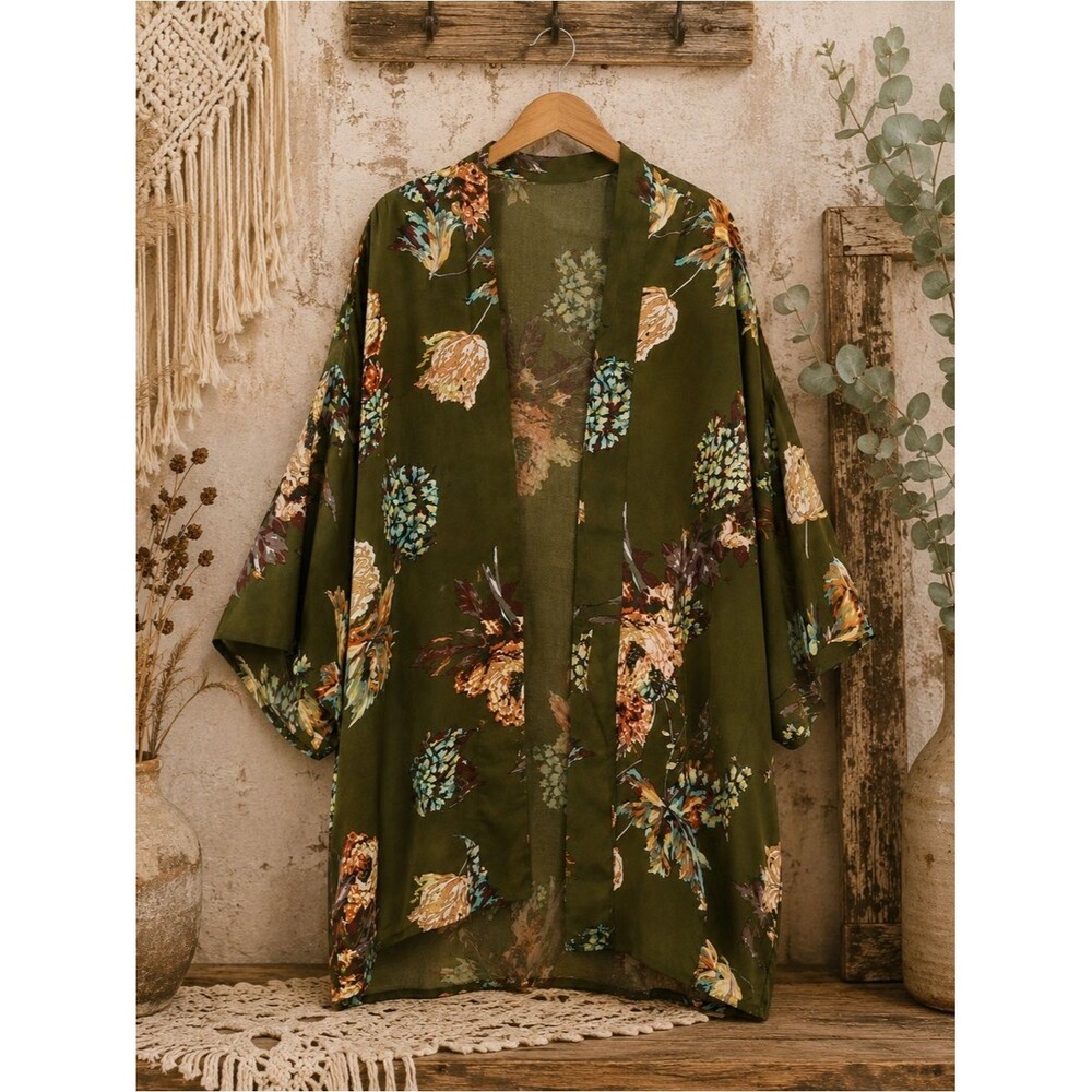 UMGEE FLORAL KIMONO DUSTER‎ SZ S/M OLIVE MUTICOLOR